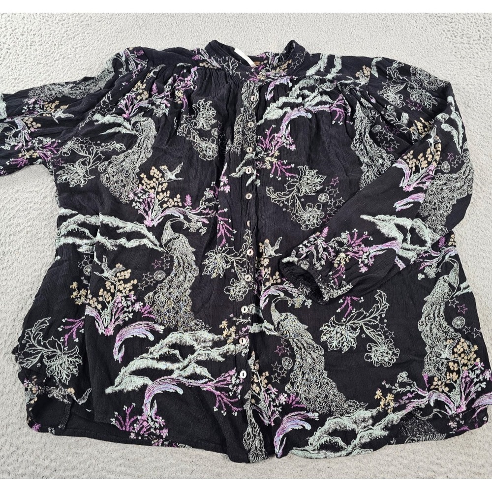 Free People Blouse Womens XS Black Floral Peacock Long Sleeve Button-Up Band Top